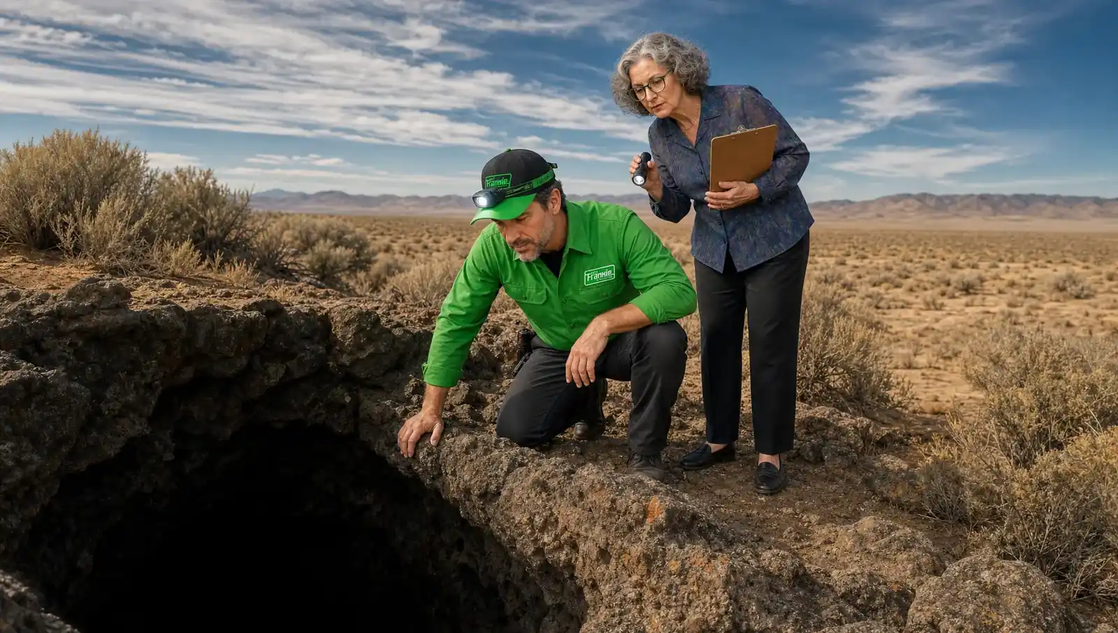Frankie and Ethel exploring the Kuna Caves landscape, ready to fix heating and cooling in Kuna, Idaho