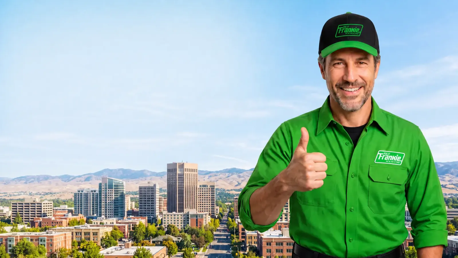 Frankie giving a thumbs up with the Boise skyline in the background