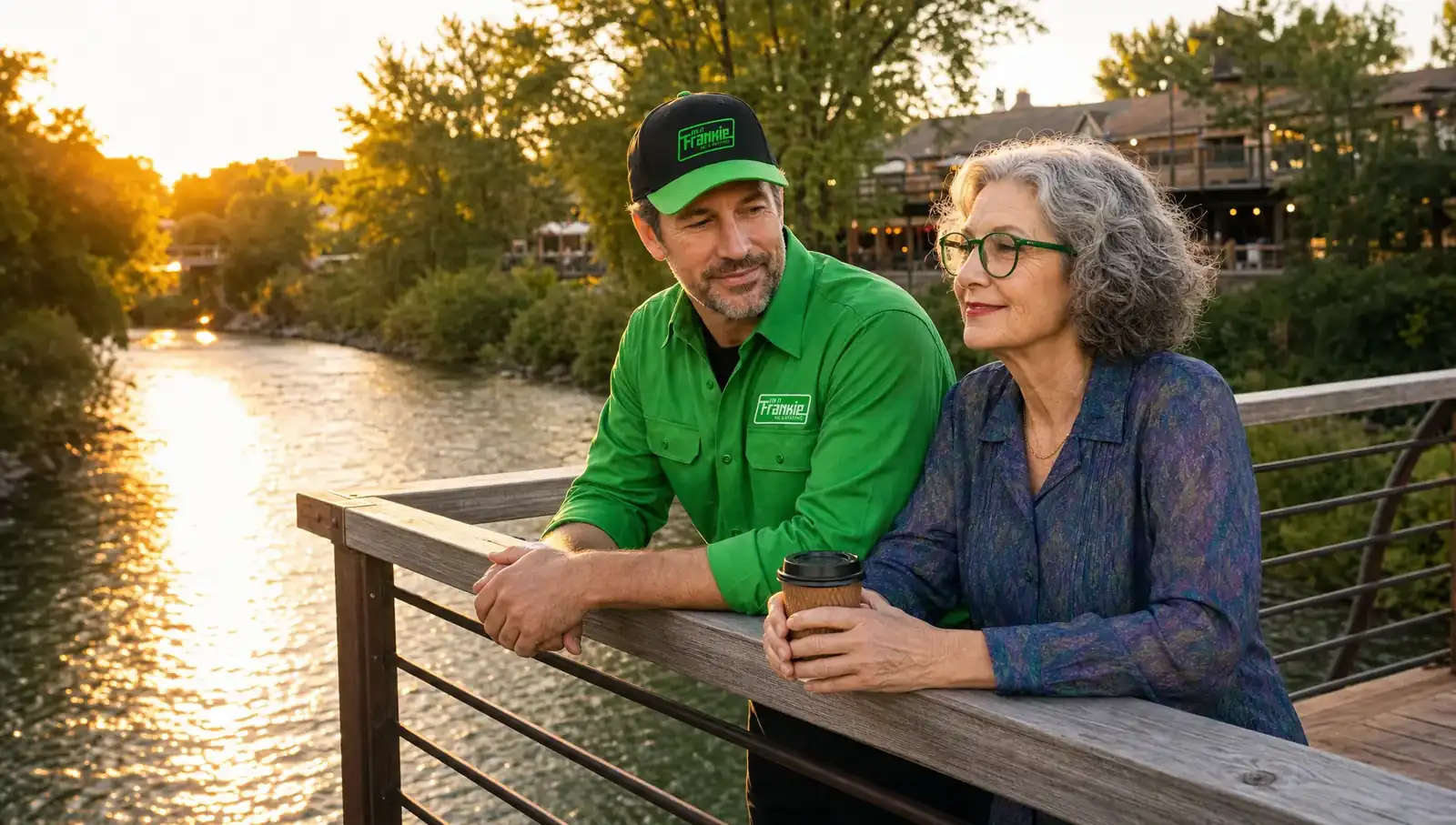 Frankie and Ethel on the Garden City bridge along the Boise River, ready to fix heating and cooling in Garden City, Idaho