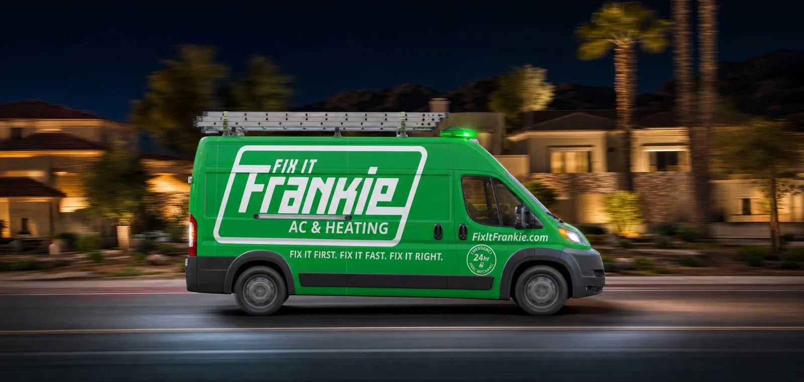 Fix it Frankie van moving through Phoenix at night