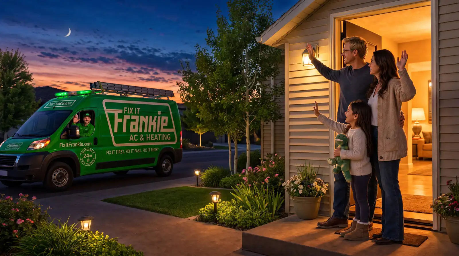 Fix it Frankie van at a happy Boise family's home after a heating job