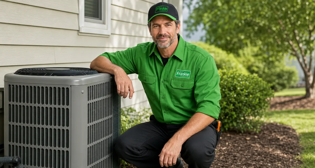 An image of Frankie kneeling down and arm rested on an AC unit exterior