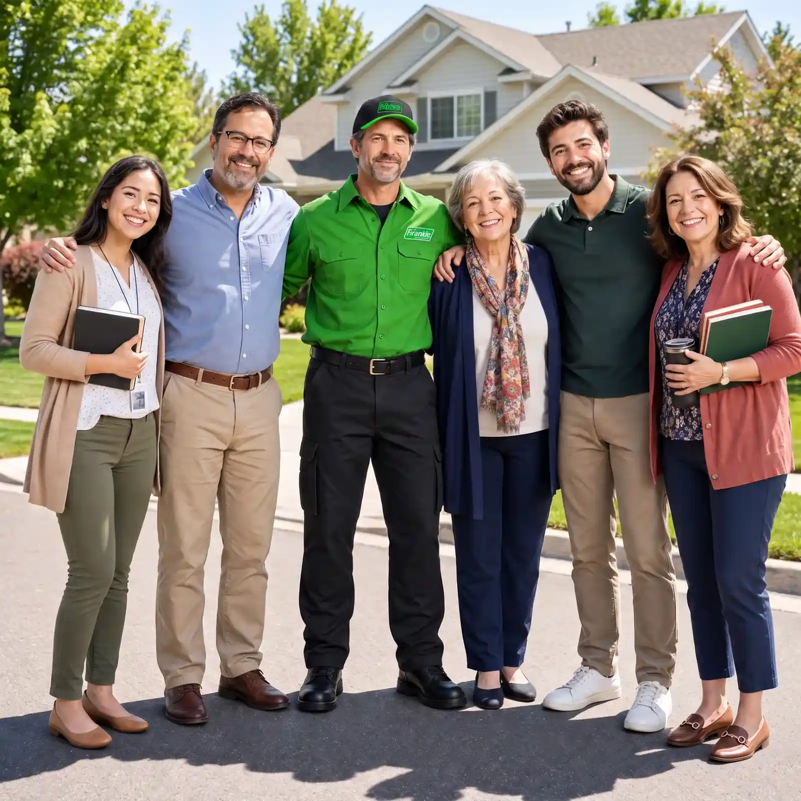 Frankie standing with a group of local teachers outside a Boise neighborhood home