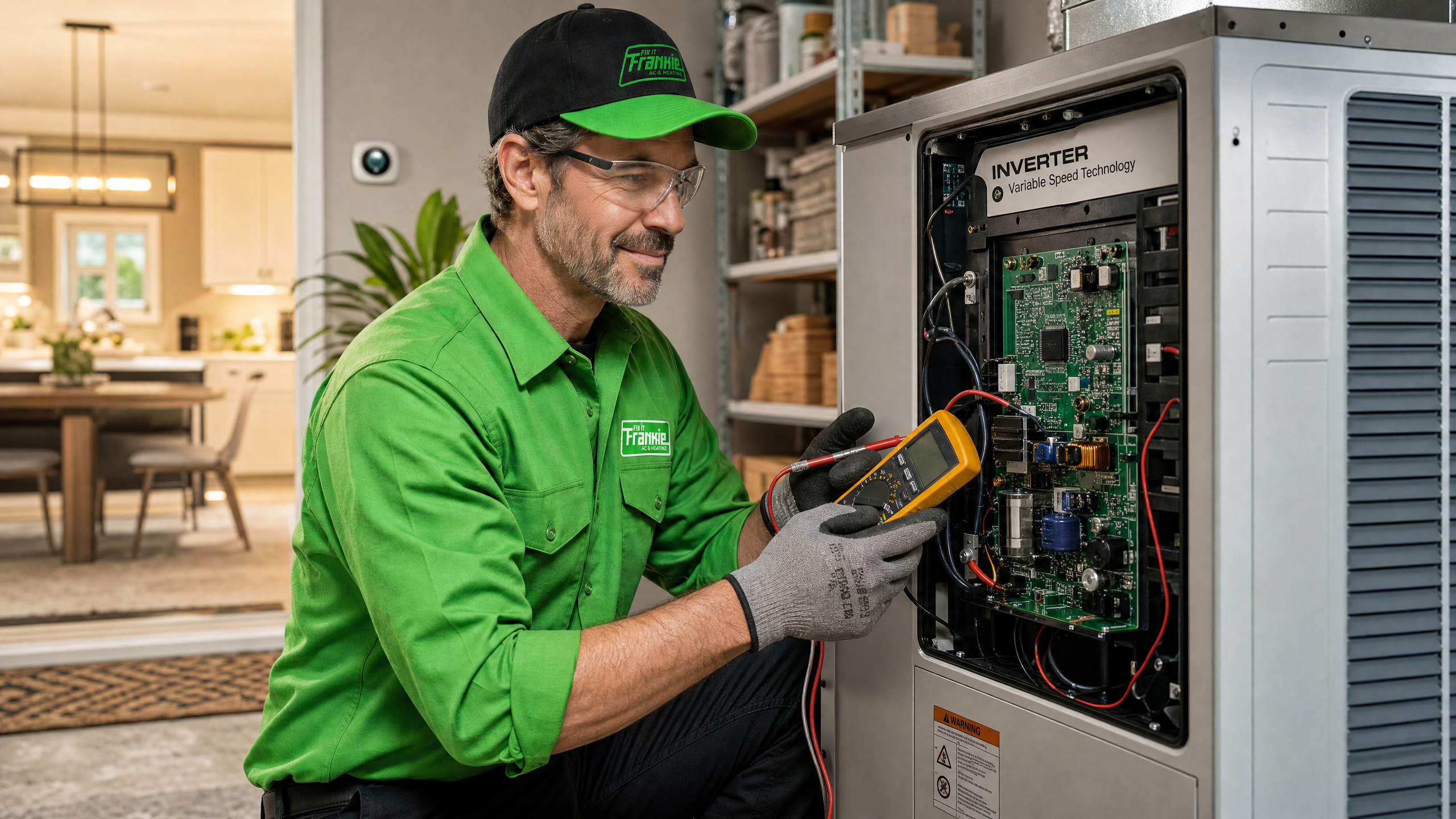 The image effectively communicates the sophisticated, high-tech nature of variable-speed AC systems while maintaining the approachable, expert persona of the Fix It Frankie brand.
