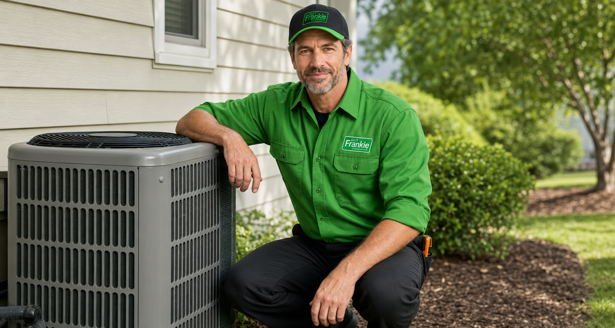 An image of Frankie kneeling down and arm rested on an AC unit exterior