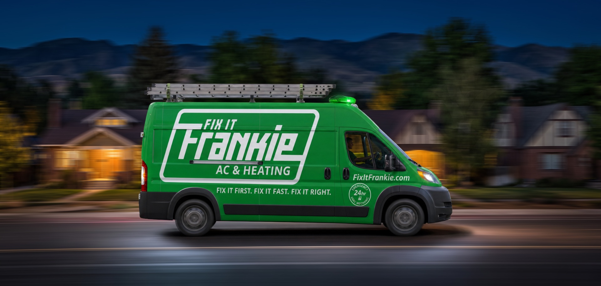 Fix it Frankie emergency AC van on the road in Boise at night