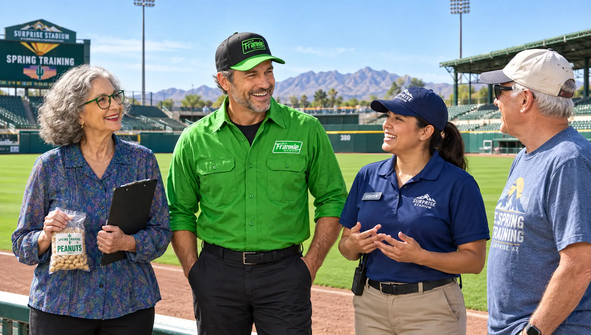 Frankie and Ethel with stadium staff at Surprise Stadium in Surprise, Phoenix