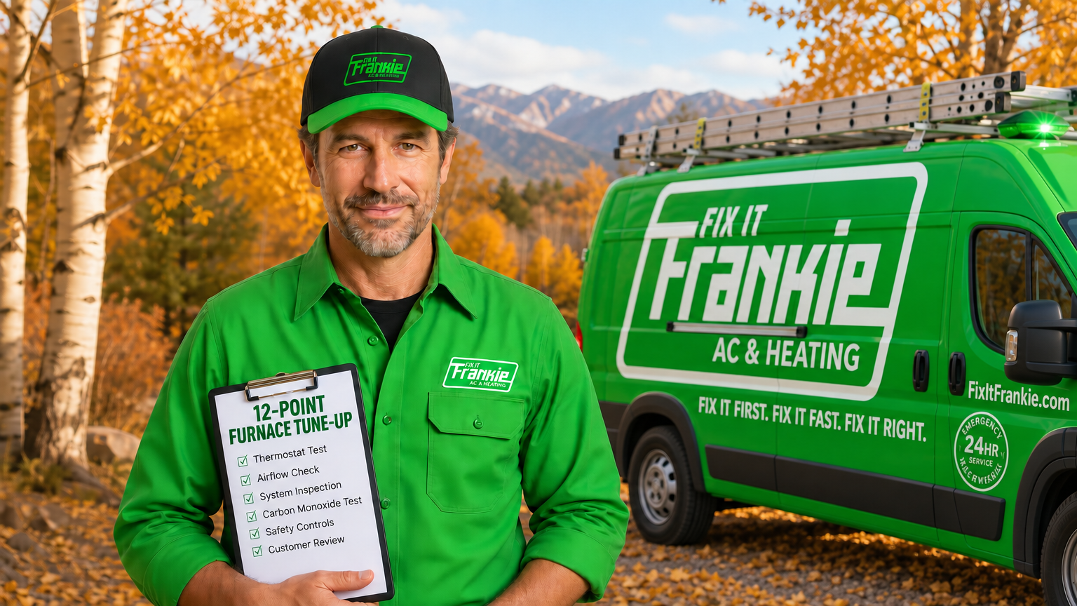 Fix it Frankie HVAC mechanic holding a 12-point furnace tune-up checklist beside a green service van in autumn