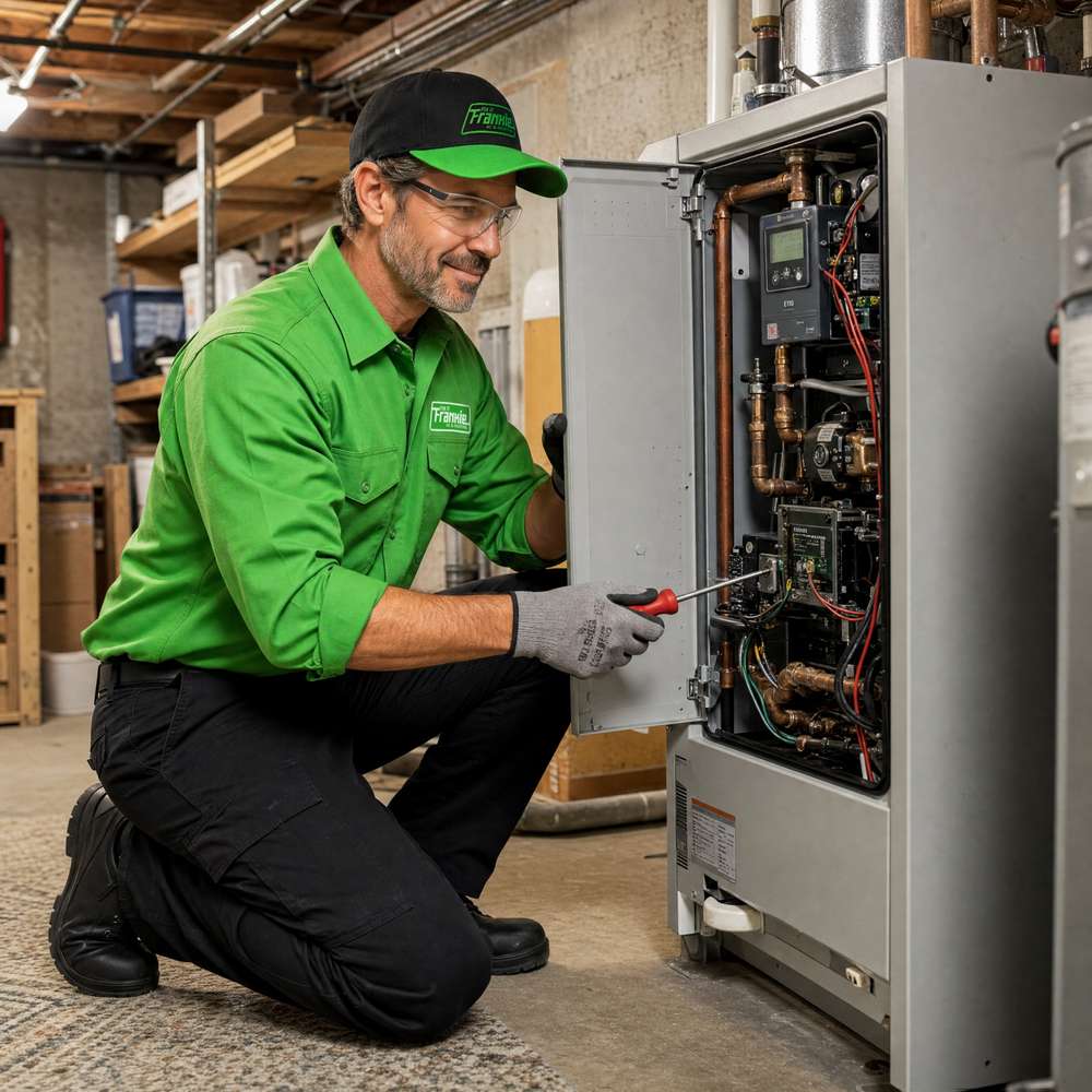 Fix it Frankie mechanic kneeling beside an open furnace cabinet, working on its wiring with a screwdriver in a basement