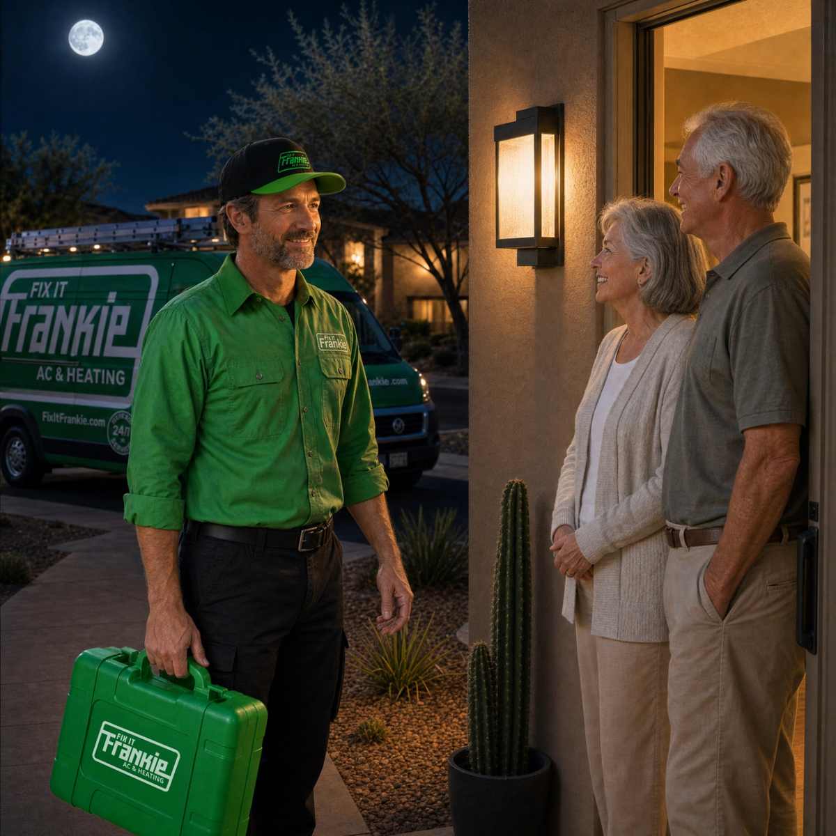 Fix it Frankie mechanic with a green toolbox greeting an older couple at their front door at night, with the Fix it Frankie van parked behind him