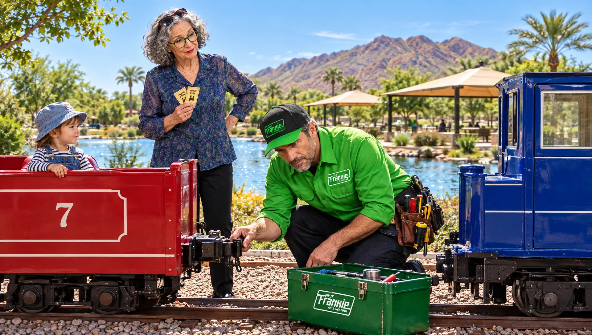 Frankie fixing the miniature railroad while Ethel looks on at the Anthem community park