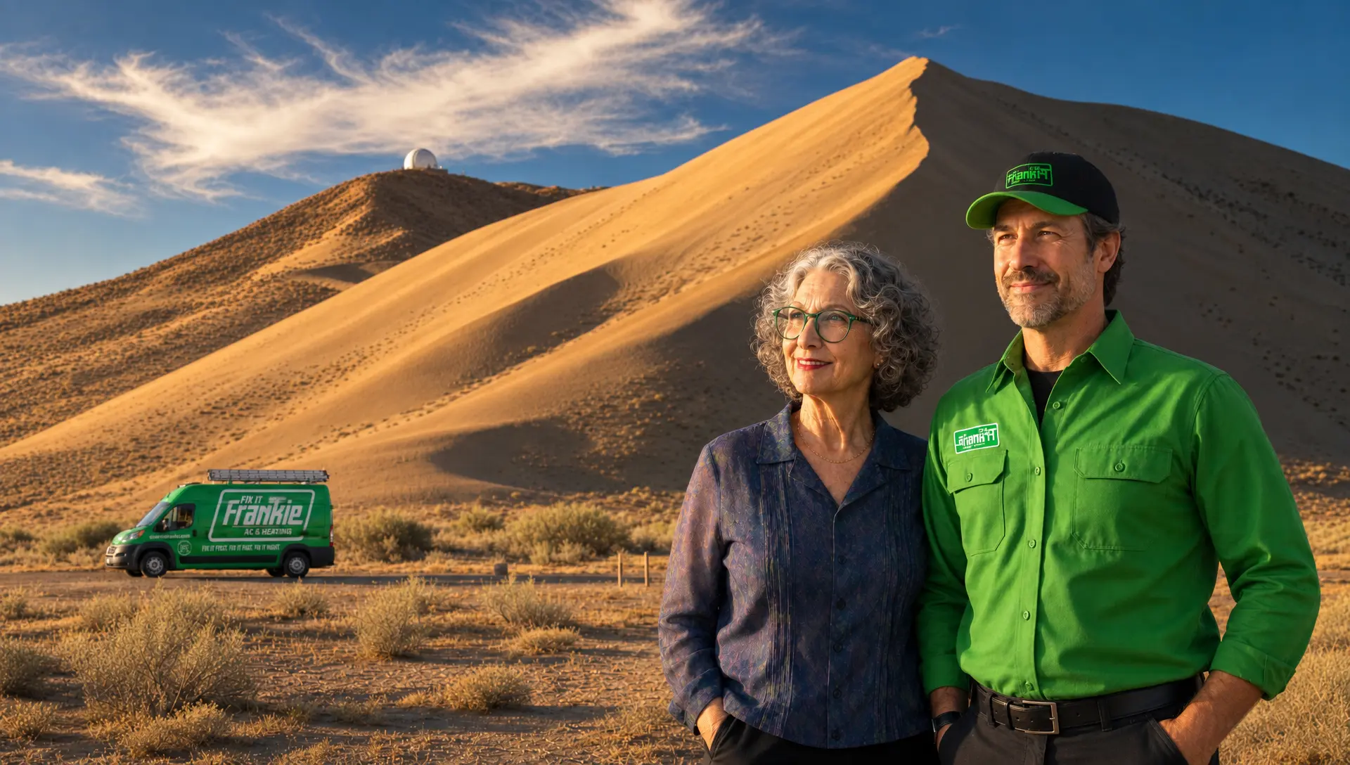 Frankie and Ethel at Bruneau Dunes, ready to fix heating and cooling in Mountain Home, Idaho