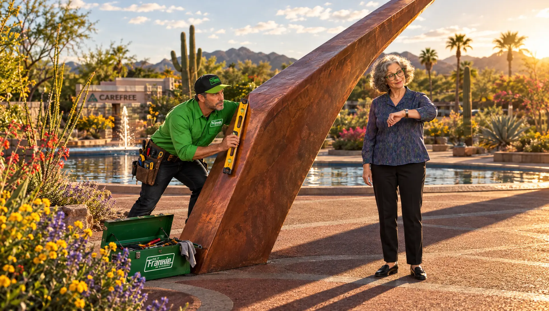 Frankie and Ethel at the Carefree town center sundial in Phoenix