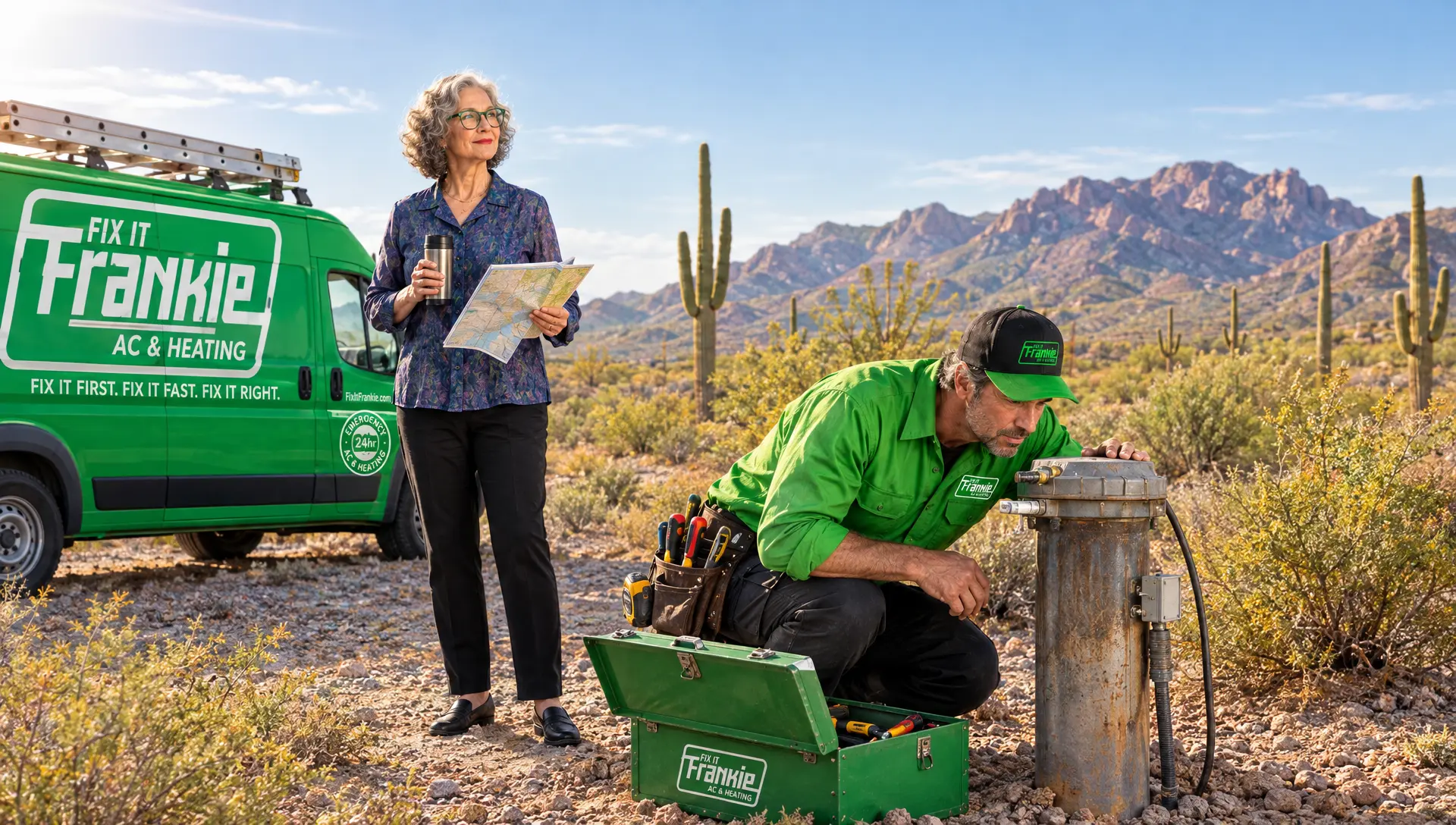 Frankie and Ethel on a large desert property among saguaros in Desert Hills, Phoenix