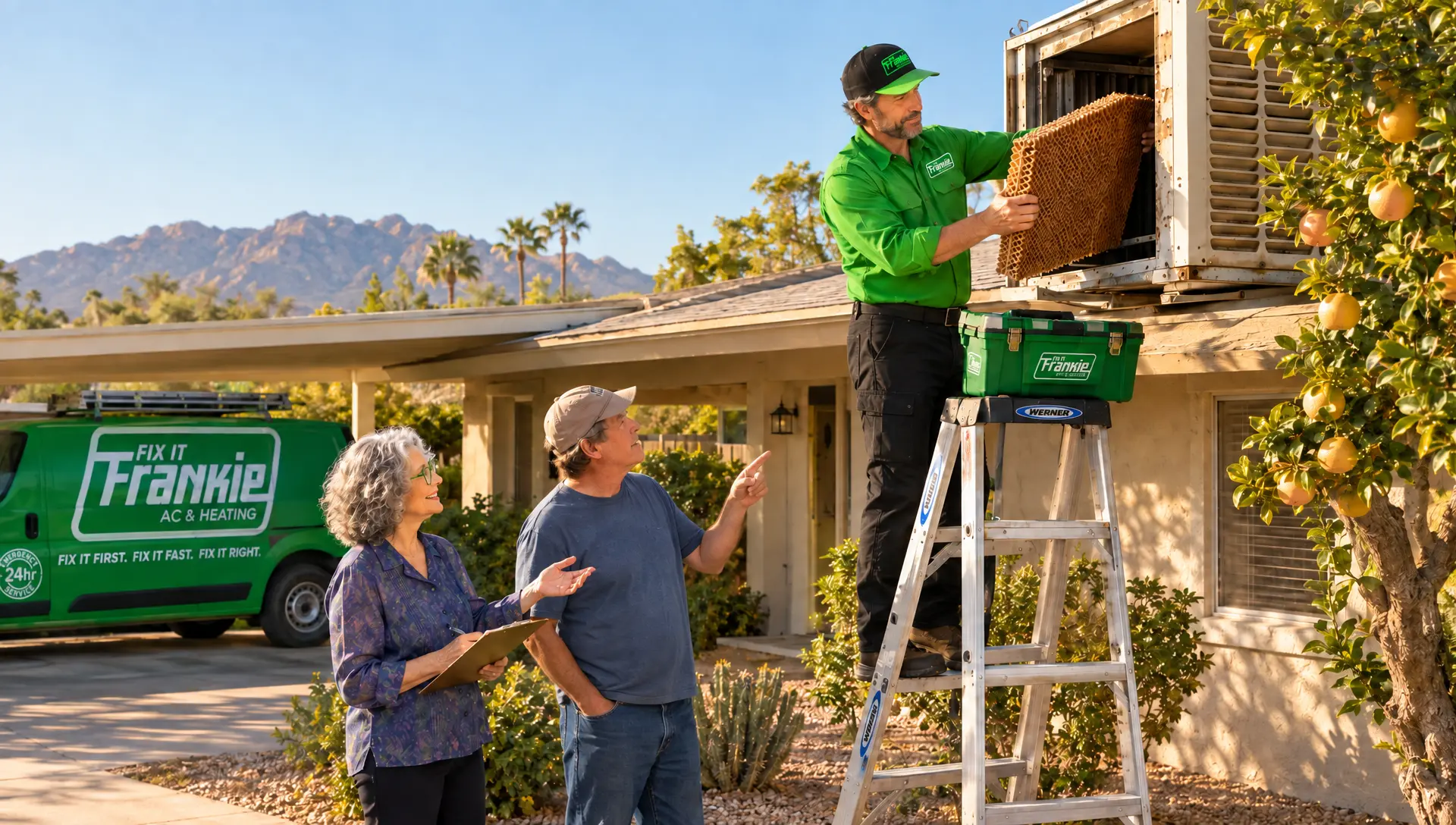 Frankie and Ethel outside a postwar ranch home in El Mirage, Phoenix