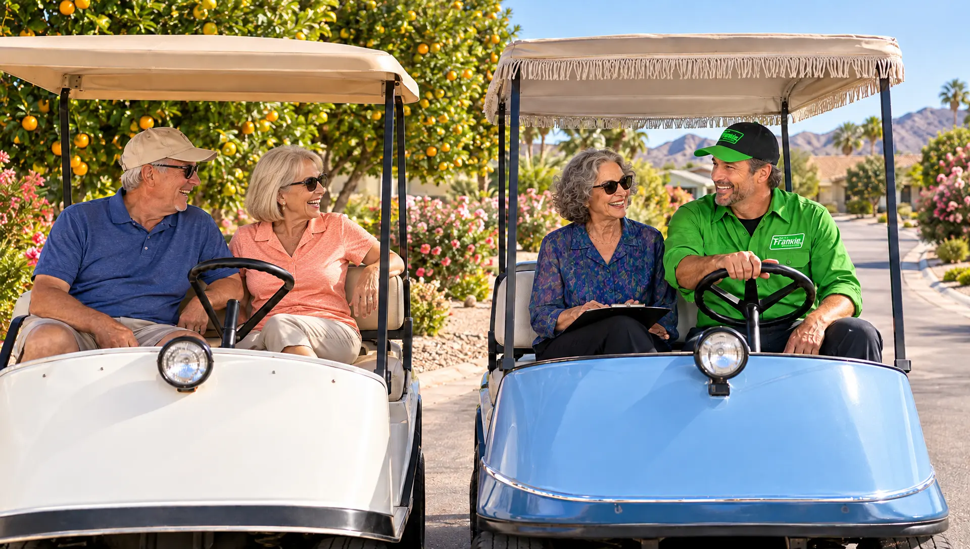 Frankie and Ethel riding golf carts among the orange trees in Sun City, Phoenix