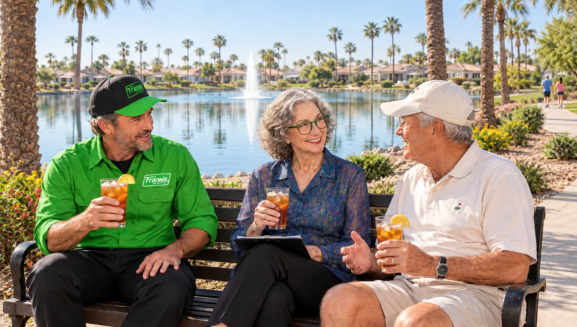Frankie and Ethel sharing iced tea with a resident by the lake in Sun Lakes, Phoenix