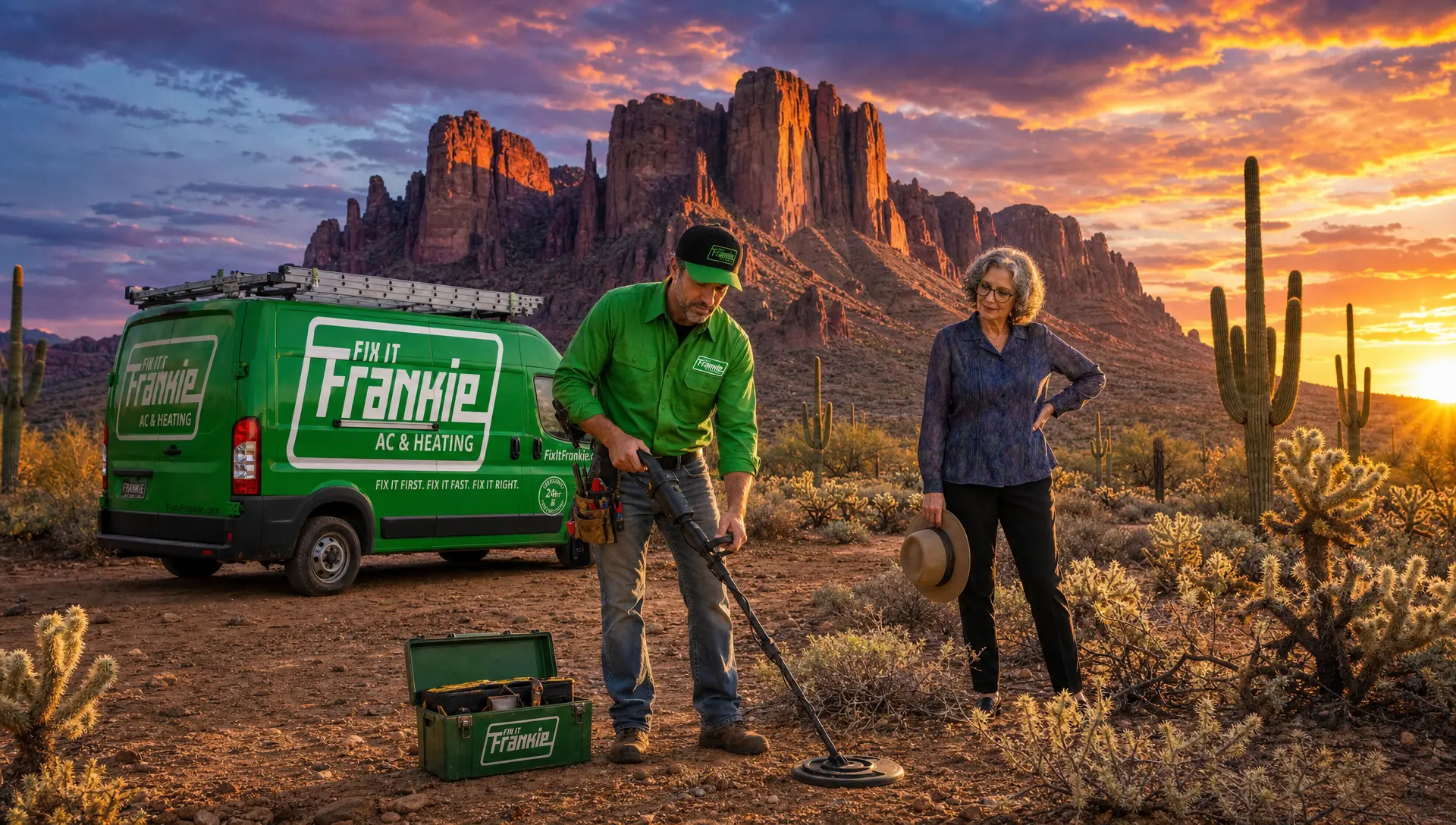 Frankie and Ethel in front of the Superstition Mountains in Apache Junction, Phoenix