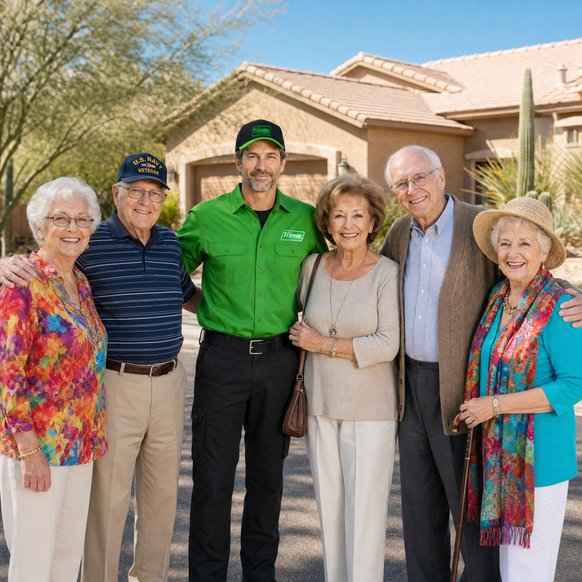 Frankie standing with a group of smiling senior citizens outside a home